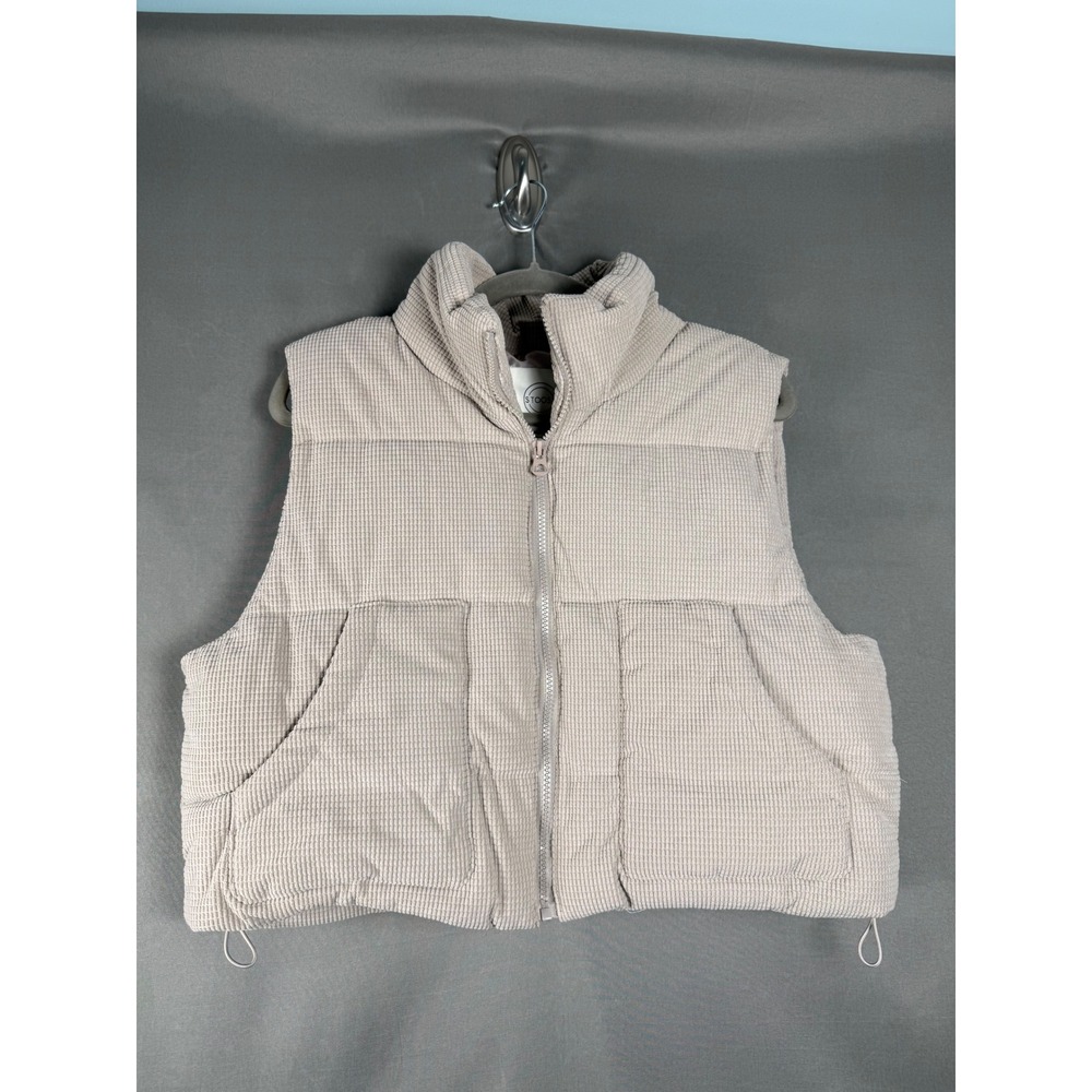 Stoosh Puffer Vest Women Large Beige Waffle Corduroy Cropped Zip 55252